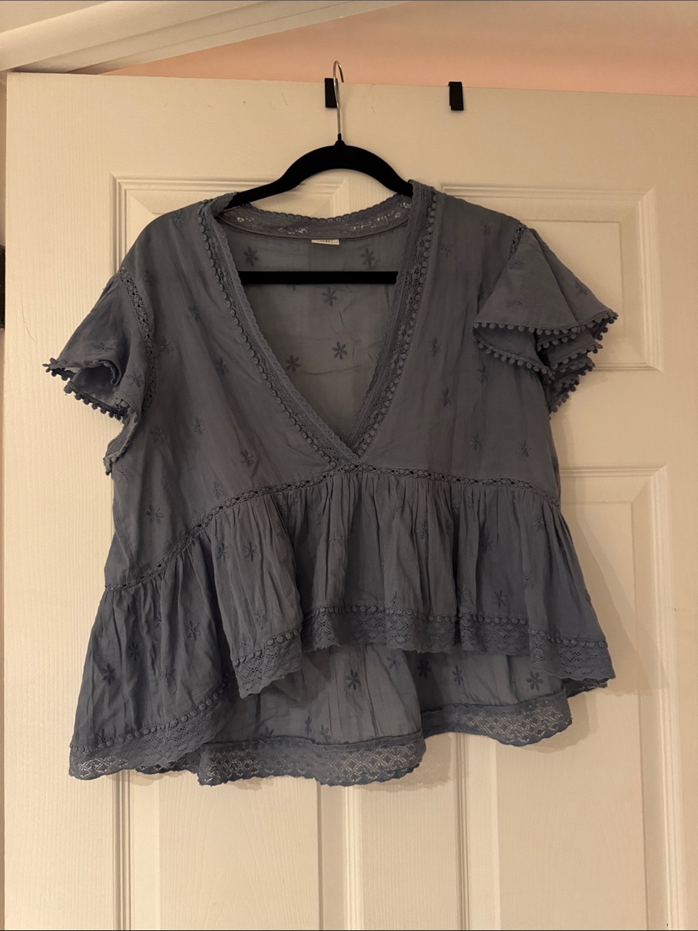 Aritzia Dusty Blue Embroidered V-Neck Peplum Blouse